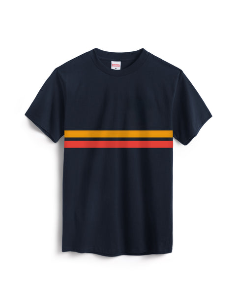 A heavyweight cotton Comp Stripe T-Shirt in navy, featuring birdwell.momp stripes—one orange and one red—across the chest, displayed on a plain white background.