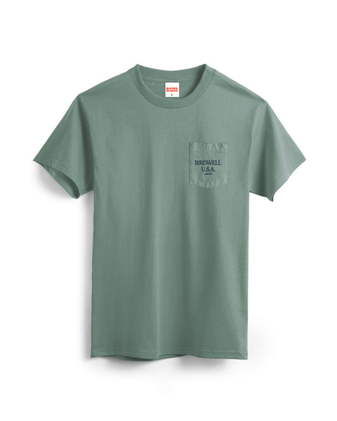 The Tourist Pocket T-Shirt - Atlantic Green is a heavyweight cotton tee with a left chest pocket and BIRDWELL U.S.A. embroidery in dark lettering, proudly made in the USA.