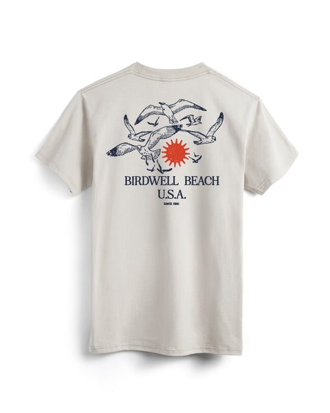 The Tourist Pocket T-Shirt - Cement is a light beige, garment-dyed tee with a back graphic of flying seagulls, a red sun, and the text BIRDWELL BEACH U.S.A. SINCE 1961.
