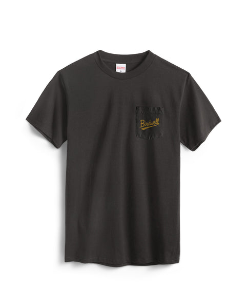 The Baller Pocket T-Shirt in Vintage Black is garment-dyed cotton with a soft feel, featuring a left chest pocket embroidered with 