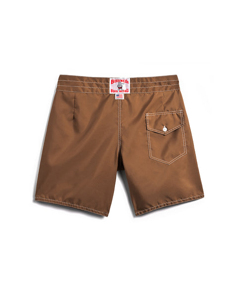 The 300 Boardshorts - Tobacco feature brown SurfNyl fabric, white stitching, a single right back buttoned pocket, and a red-and-white brand label on the waistband. These classic shorts are shown laid flat on a white background.