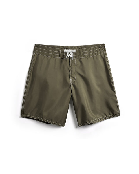 The 300 Boardshorts - Dark Olive feature white stitching and a white drawstring at the waist. Displayed flat on a white background, these water-repellent boardshorts combine classic style with modern performance.
