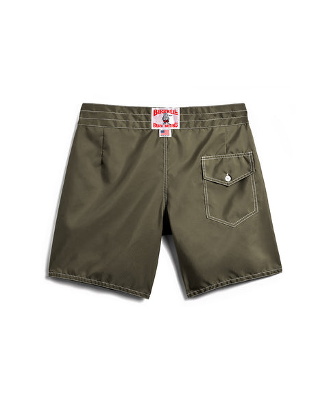 The 300 Boardshorts - Dark Olive feature white stitching, a right back buttoned pocket, a red and white brand label on the waistband, and water-repellent fabric. They're shown flat against a white background.
