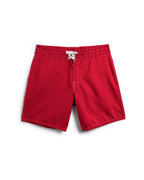 300 Boardshorts - Red: Men’s SurfNyl boardshorts featuring a white drawstring, white stitching, and flat front, made in the USA and shown on a plain white background.