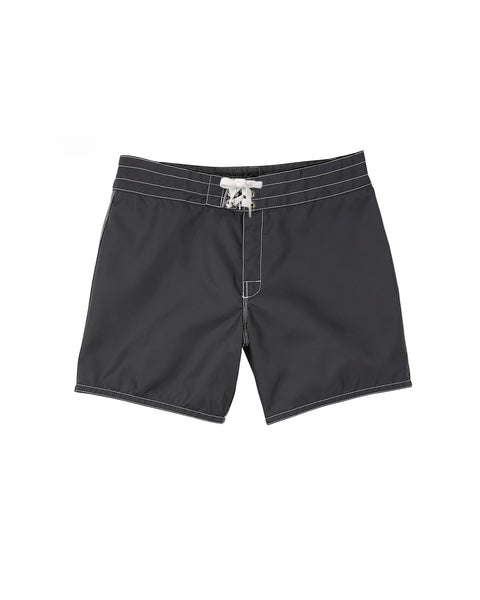 The Birdwell Beach Britches 310 Boardshorts in black feature white contrast stitching, a white drawstring waist, and durable SurfNyl fabric, shown against a plain white background.