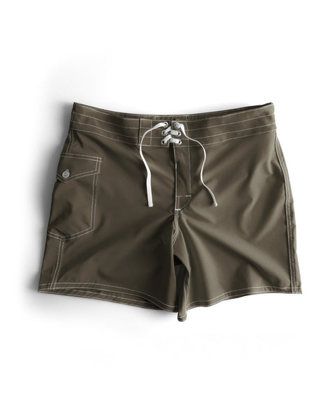 806 SurfStretch Side Pocket Boardshorts - Army in olive green, featuring white stitching, a front lace-up closure, and a button-flap side pocket, displayed flat on a white background.