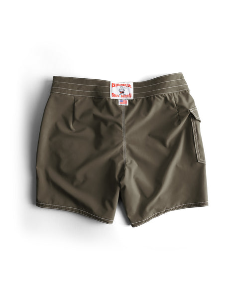 Army green men's 806 SurfStretch Side Pocket Boardshorts featuring white stitching, a side pocket, and Birdswell brand tag at the waistband. Made in the USA, displayed on a white background.
