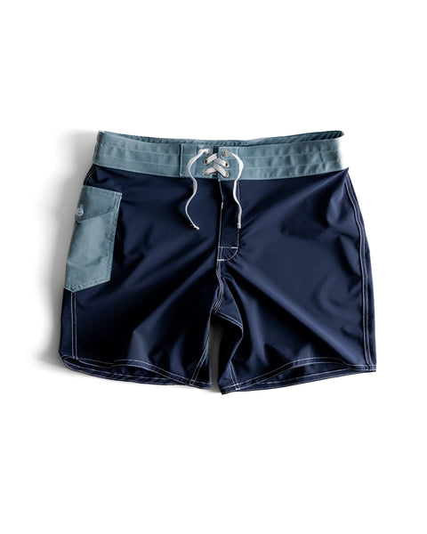 806 SurfStretch® Side Pocket Boardshorts - Navy/Federal Blue: features a blue-gray waistband and pocket, navy body, white drawstring, and white stitching. Displayed on a white background.