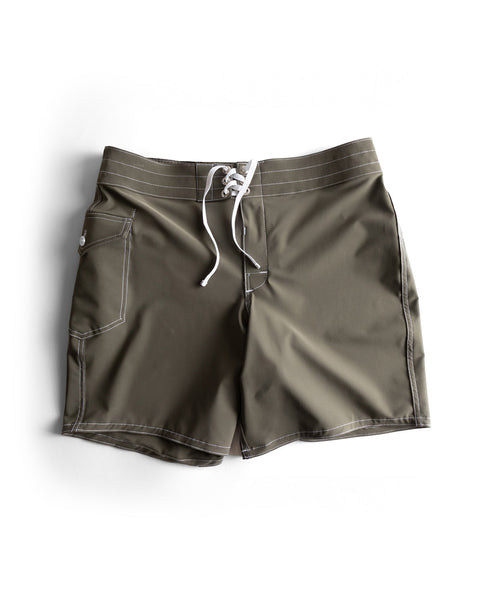 The 808 SurfStretch Side Pocket Boardshorts - Army are olive green men's boardshorts featuring white stitching, a front lace-up closure, and a side pocket. These medium-length shorts are shown flat on a white background.