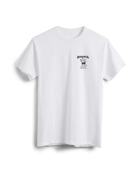 The 61 T-Shirt - White/Black is a heavyweight white short-sleeve tee featuring a small black BIRDWELL graphic on the left chest, shown on a plain white background.