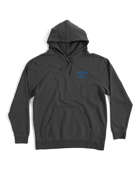 The Bros Midweight Hoodie - Faded Black is a dark gray relaxed fit hoodie with a front pocket, drawstrings, and a small blue BISBEES Black & Blue logo plus fish graphic screen-printed on the left chest.