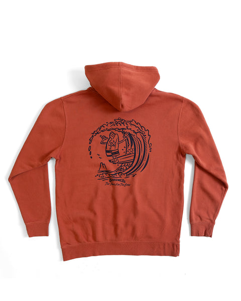The Bros Midweight Hoodie - Paprika is laid flat, showcasing a large black back graphic of a surfer inside a wave, with 
