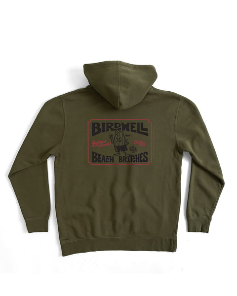 The Hangtag Midweight Hoodie - Army features an olive green pigment dye, a large back screen-print of Birdwell Beach Britches with a cartoon bird in swim trunks, and red and black detail accents for a playful, relaxed fit look.