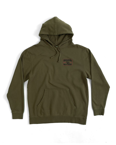 The Hangtag Midweight Hoodie - Army is an olive green, pigment-dyed hoodie with a relaxed fit, long sleeves, drawstrings, a front pouch pocket, and a small logo on the upper left chest. Shown flat on a white background.