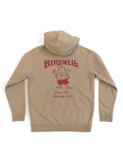 The 61 Midweight Hoodie in Sand is a tan relaxed-fit style with a large red screen-print graphic on the back featuring 