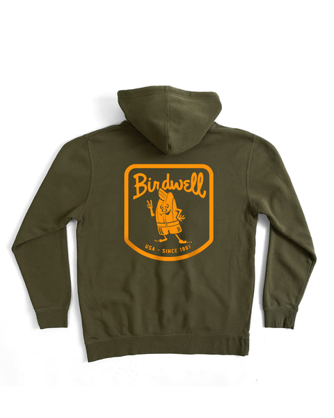 Herald Midweight Hoodie - Army laid flat, relaxed fit, with a large orange and yellow Birdwell logo featuring a waving bird and 