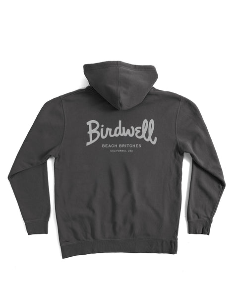 The Script Midweight Hoodie in faded black is laid flat, displaying the back with 