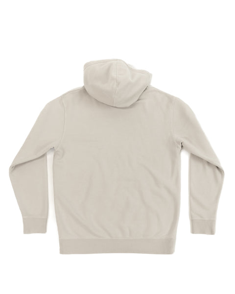 The B-Line Midweight Hoodie in Bone is displayed flat with the back facing up, highlighting its light beige color, relaxed fit, long sleeves, and ribbed cuffs and hem.
