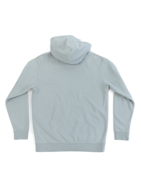 B-Line Midweight Hoodie in sage, relaxed fit, displayed from the back with arms and hood extended, laid flat on a white background.