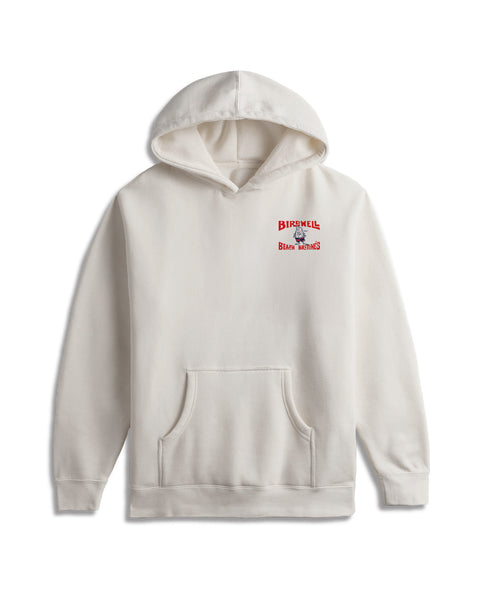 A heavyweight, relaxed fit License Plate Hoodie in Cement, featuring a front pocket and a small red and black Birkenhill Bear-Hunters graphic on the left chest.