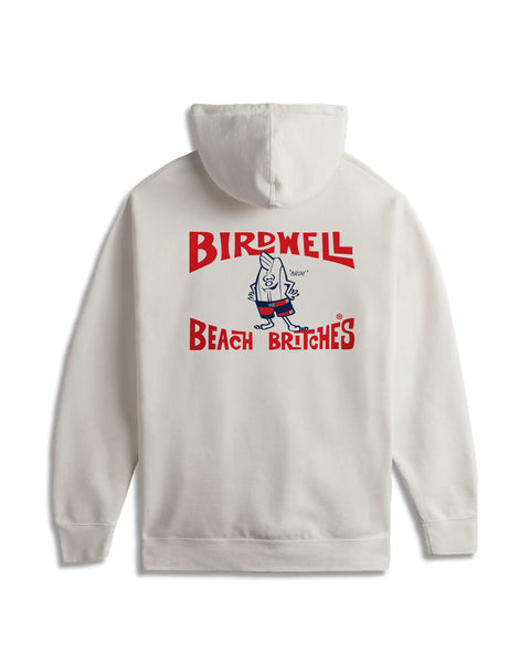 The License Plate Hoodie - Cement is a white, relaxed fit hoodie with a back graphic showing a cartoon in swim trunks and bold red “Birdwell Beach Britches” text.