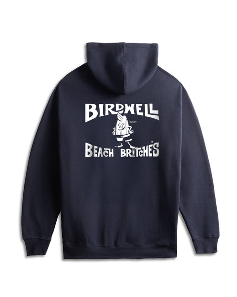 The License Plate Hoodie - Navy is a heavyweight, relaxed fit hoodie made in the USA, featuring a hood and a white Birdwell Beach Britches graphic with a cartoon surfer on the back.