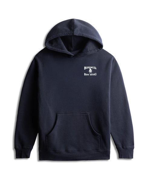 The License Plate Hoodie - Navy is a relaxed fit, heavyweight hoodie made in the USA. It features a front pocket and small white “BIRDMEL” text with a bird graphic and “BEAM MEANING” on the left chest for comfort and style.
