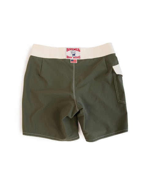 808 Mono Stripe boardshort swim trunks in Army/Bone with a beige waistband, white stitching, right-side pocket, and red Birdwell label on the back waistband. Made in USA. Displayed on a white background.