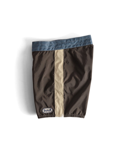 The 300 Legend - Brown/Federal Blue/Bone is a SurfNyl nylon neck gaiter featuring brown and bone colors with a federal blue band, elastic bottom, and Birdwell logo patch—crafted in the USA by the iconic boardshorts brand.