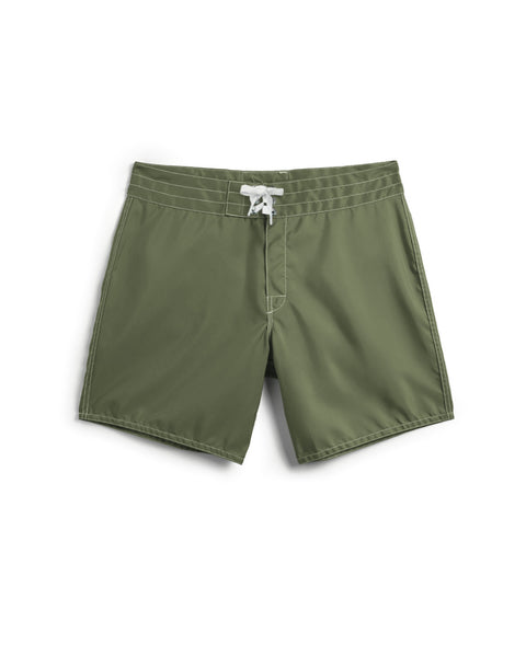 The 310 Boardshorts - Olive feature a white drawstring waist, flat front, and mid-thigh length—ideal for surf apparel fans. Shown against a plain white background.