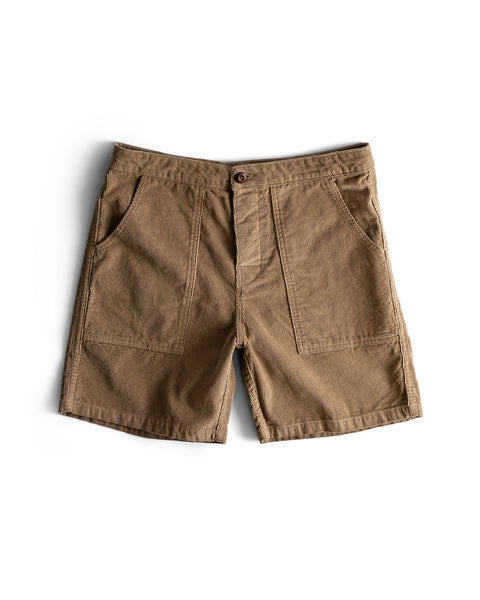 A pair of Classic Corduroy Shorts - Acorn, featuring two large front pockets, button closure, zipper fly, and adjustable drawcord waist, laid flat on a white background.