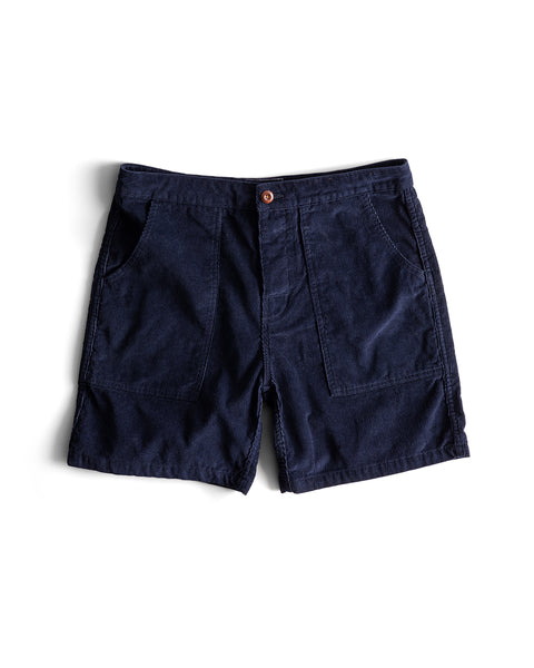 Classic Corduroy Shorts - Navy, featuring large front pockets, button closure, and an adjustable drawcord waist in a simple, casual design, laid flat on a white background.