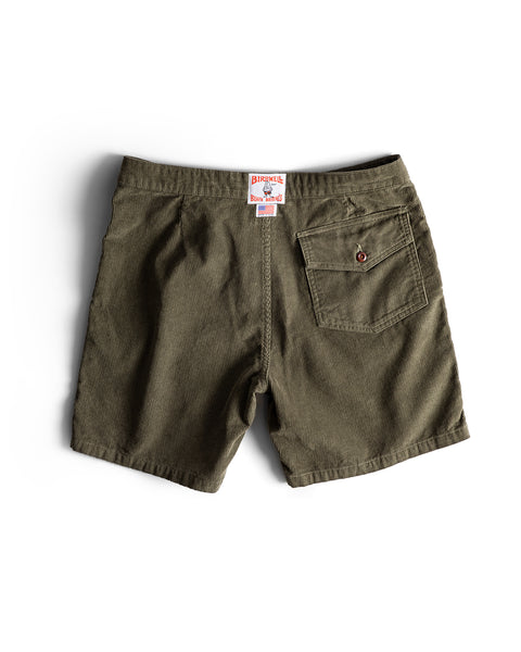 Classic Corduroy Shorts - Olive shown from the back with a single buttoned back pocket, brand label above the waistband, and a drawcord waist for adjustable comfort.