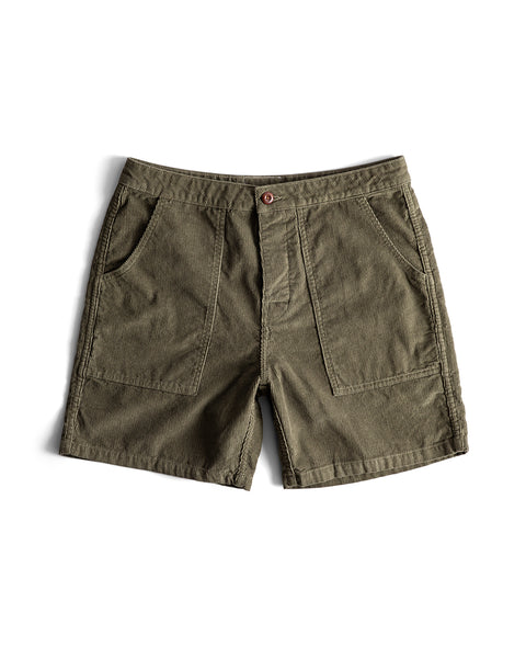 Classic Corduroy Shorts - Olive feature a button and zipper closure, two large front pockets, and textured corduroy fabric, shown laid flat on a white background.