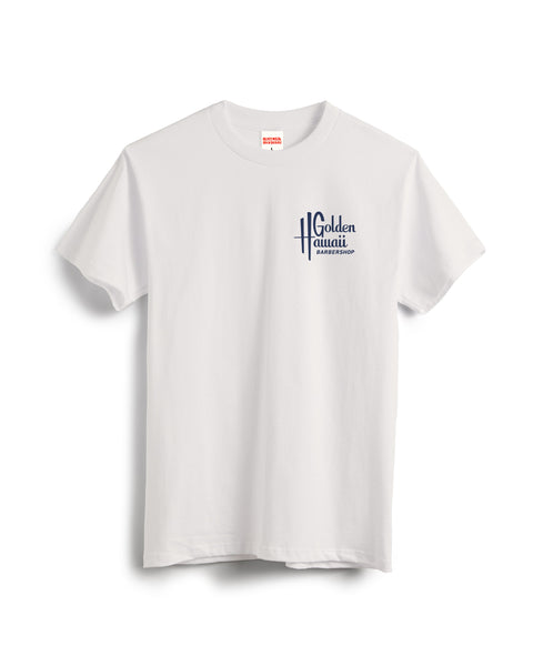 The Golden Hawaii T-Shirt - Vintage White features a small navy Golden Hawaii Barbershop logo on the left chest in a stylized font. This garment-dyed style is part of the Golden Hawaii x Birdwell collection, shown flat on a white background.