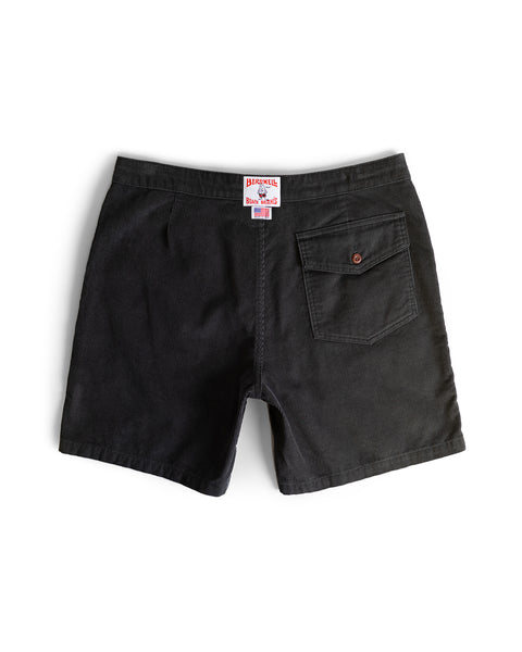 A pair of Classic Corduroy Shorts in Oregano shown from the back, featuring a single right back pocket with button closure, adjustable drawcord waist, and a brand label above the waistband.