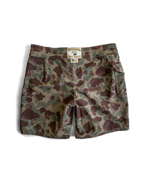 The 808 SurfStretch Side Pocket Boardshorts in Frogskin Camo feature brown, green, and tan camouflage, a back pocket, Birdwell label on the waistband, and are made in the USA—shown against a white background.