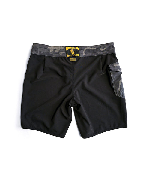 The 808 Powerbird - Black boardshort features a camo-patterned waistband and pocket trim, an 8