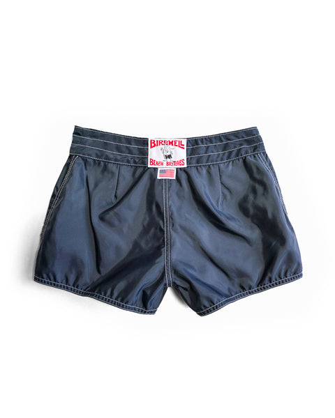 400 Boardshorts - Navy, featuring white stitching, shown flat on a white background. A red and white Birdwell Beach Britches label decorates the waistband. Classic American-made style.