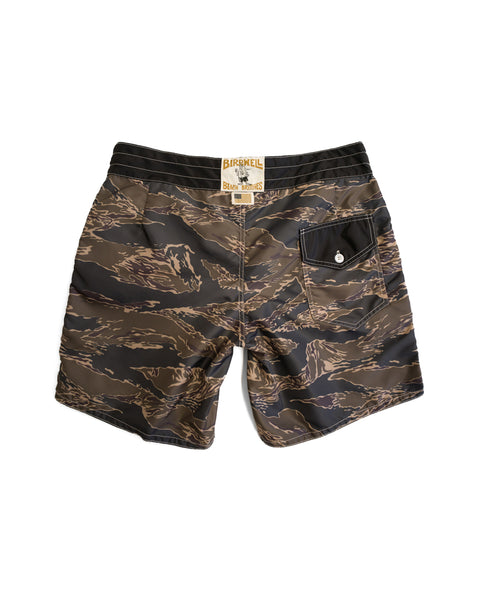 The 300 Boardshorts - Tiger Camo feature a brown and black tiger camo pattern, black waistband, single button-flap back pocket with a white logo. Made from SurfNyl for style and durability.