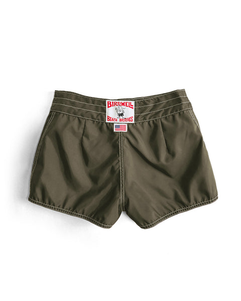400 Boardshorts in Dark Olive feature white stitching, an elastic waist, and a red-and-white Birdwell Beach Britches patch on the back. These quick-drying boardshorts are shown laid flat on a white background.