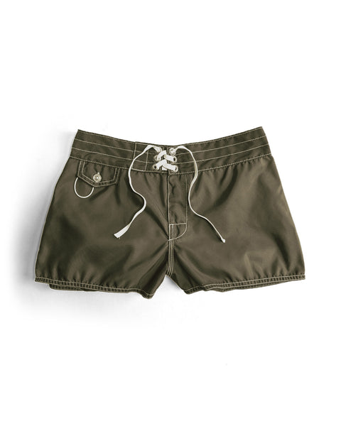 The 400 Boardshorts in dark olive feature quick-drying fabric, white drawstrings, a front button pocket, and visible stitching, shown laid flat on a white background.