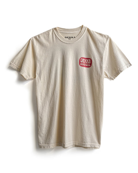 Ivory Birdwell x Dekka T-Shirt, garment-dyed 100% cotton, features a small red and white 