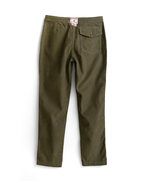 Classic Corduroy Pants - Dark Olive shown flat from the back, featuring a single buttoned pocket on the right and a Birdwell Classic Cord brand tag above the waistband; made in Southern California.
