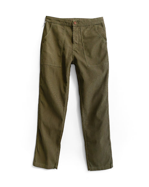 Classic Corduroy Pants - Dark Olive, featuring a straight-leg silhouette, front patch pockets, button closure, and visible stitching details. Laid flat on a white background. Inspired by the Birdwell Classic Cord and crafted in Southern California for timeless style and superior quality.