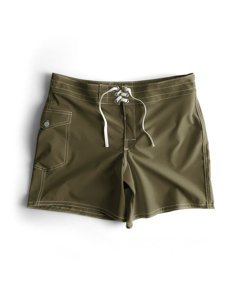 806 SurfStretch Side Pocket Boardshorts in dark olive with white stitching, featuring a front lace-up closure and a side pocket with a button, displayed flat on a white background.