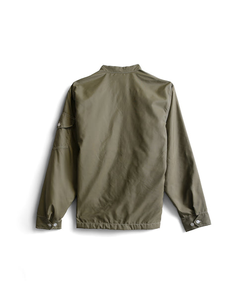 Racing Jacket 26 in Dark Olive/Bone/Black shown from the back, featuring long sleeves with buttoned cuffs, a small collar, and minimal detailing in the classic Birdwell Racing Jacket style, set against a white background.