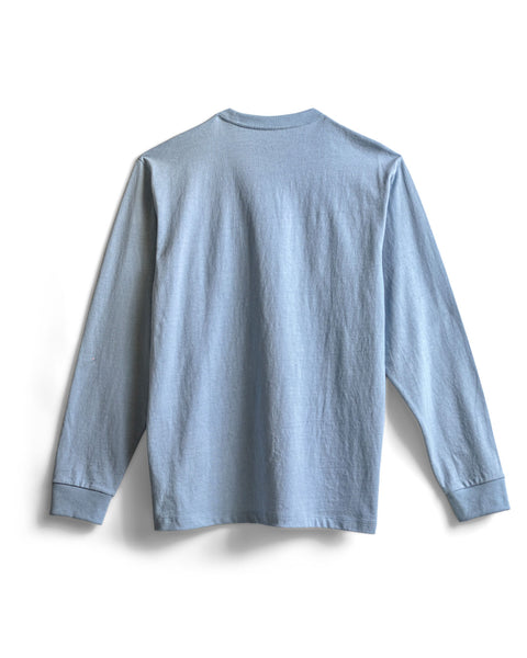 The High Tee Pocket Long Sleeve in Arctic Blue is displayed flat with the back facing up against a white background.