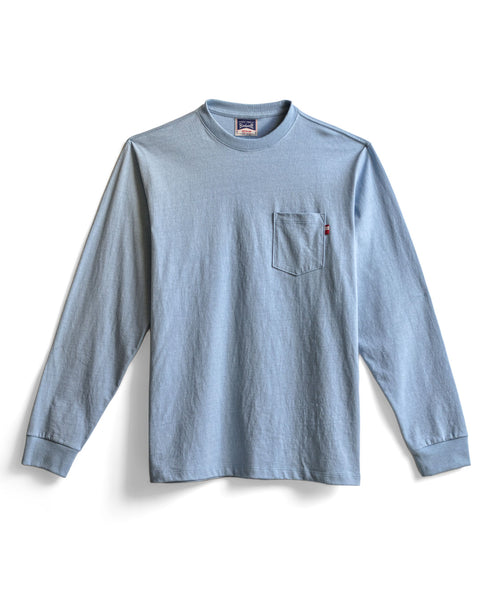 High Tee Pocket Long Sleeve in Arctic Blue, featuring a chest pocket on the left side, made from 100% cotton and shown on a white background.