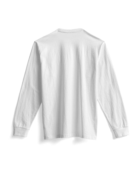 The High Tee Pocket Long Sleeve in Vintage White, crafted from 100% cotton, is laid flat on a white background and displayed from the back with the sleeves spread out.